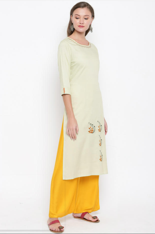 Women's Embroidered/Solid Straight Rayon Light Pista Kurta (1Pc)