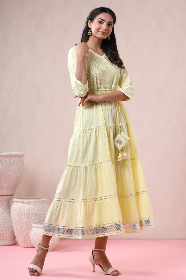 Women's Yellow Cotton Blend Embellished Dress