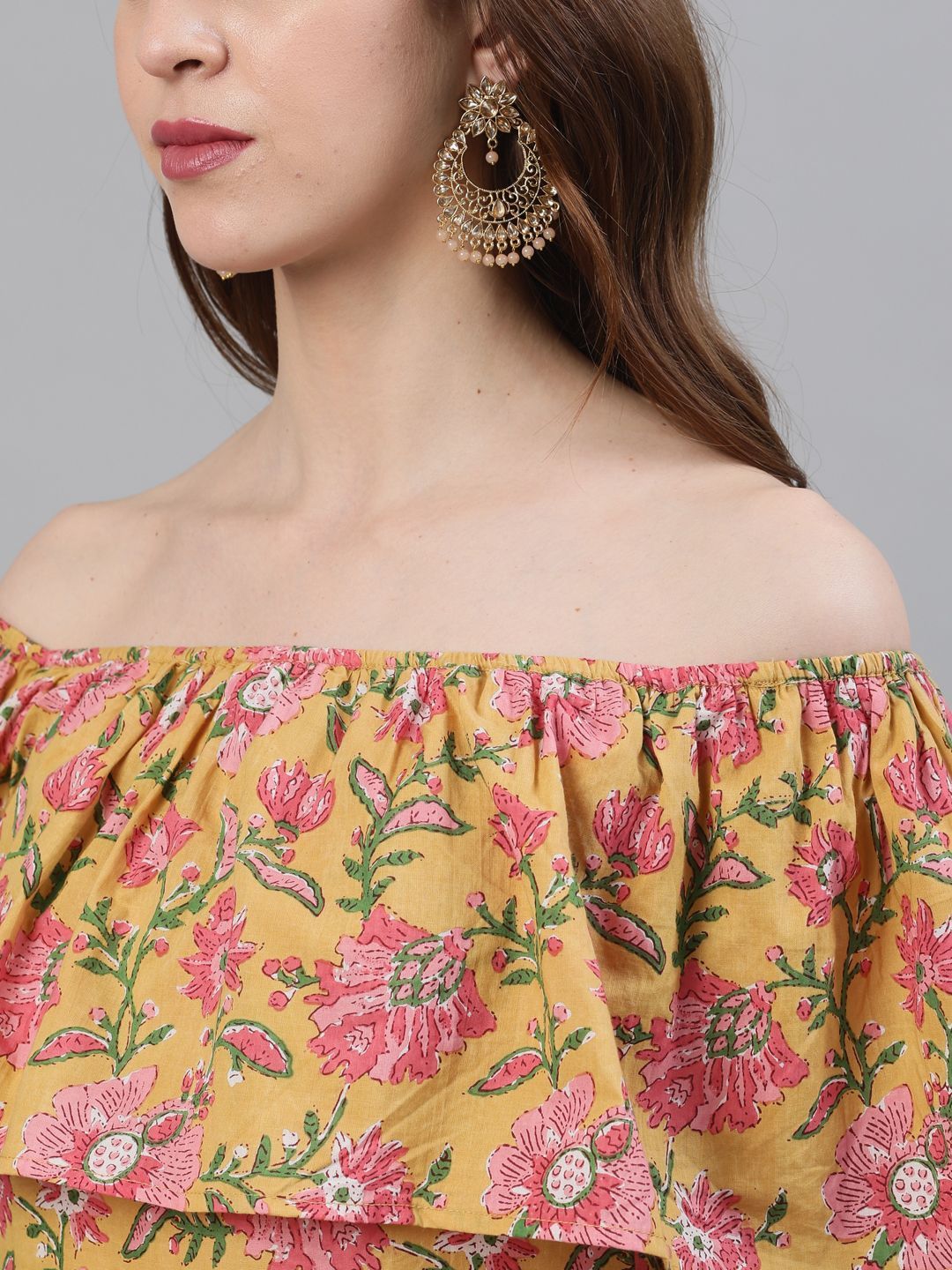 Women's Yellow Floral Printed Off-Shoulder Kurta
