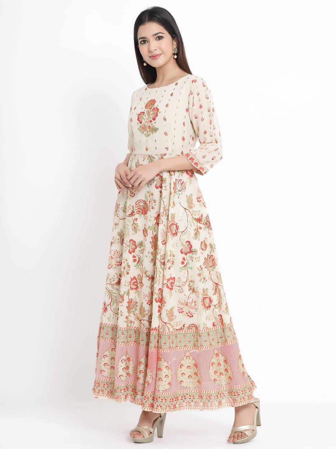 Buy_Women's_Ivory_Georgette_Printed_Flared_Dress_With_Hair-Band_Online_Trendia