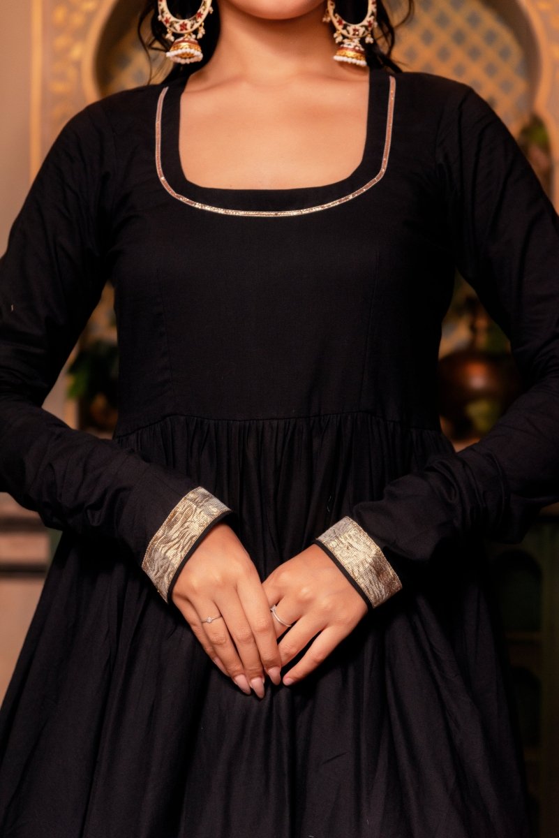 Women's Sunhari Mahira Black Cotton Gota Patti Anarkali Set With Cotton Dupatta