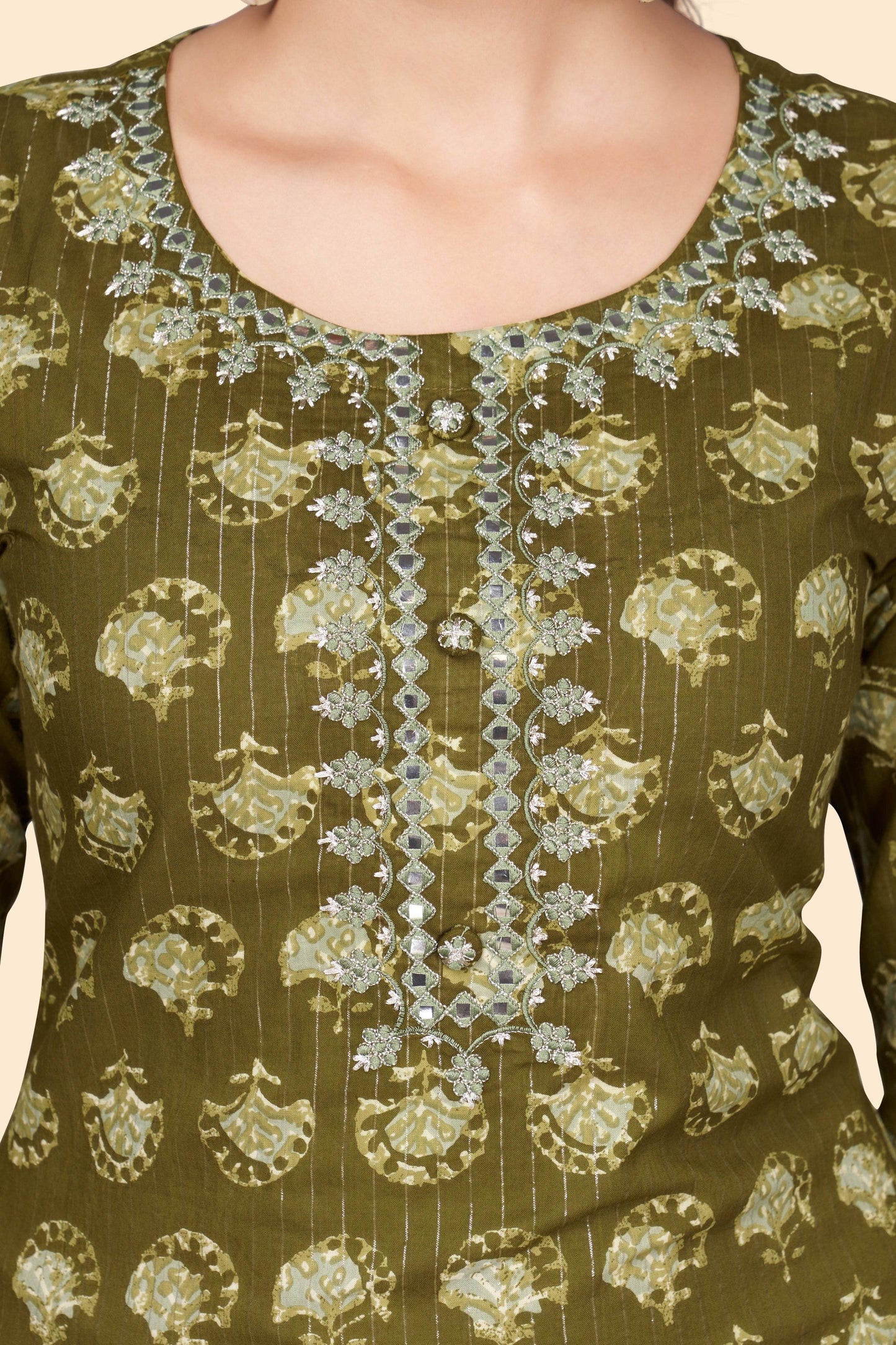 Women's Print & Embroidered Straight Cotton Mahendi Green Stitched Kurta
