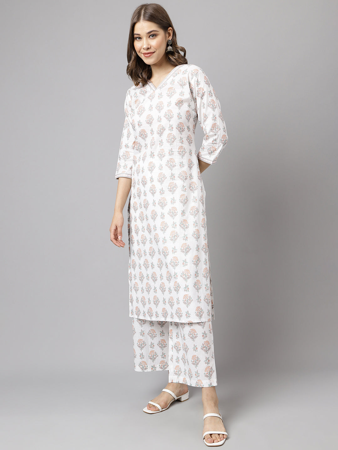 Women's White Cotton A-Line Kurta Palazzo Set