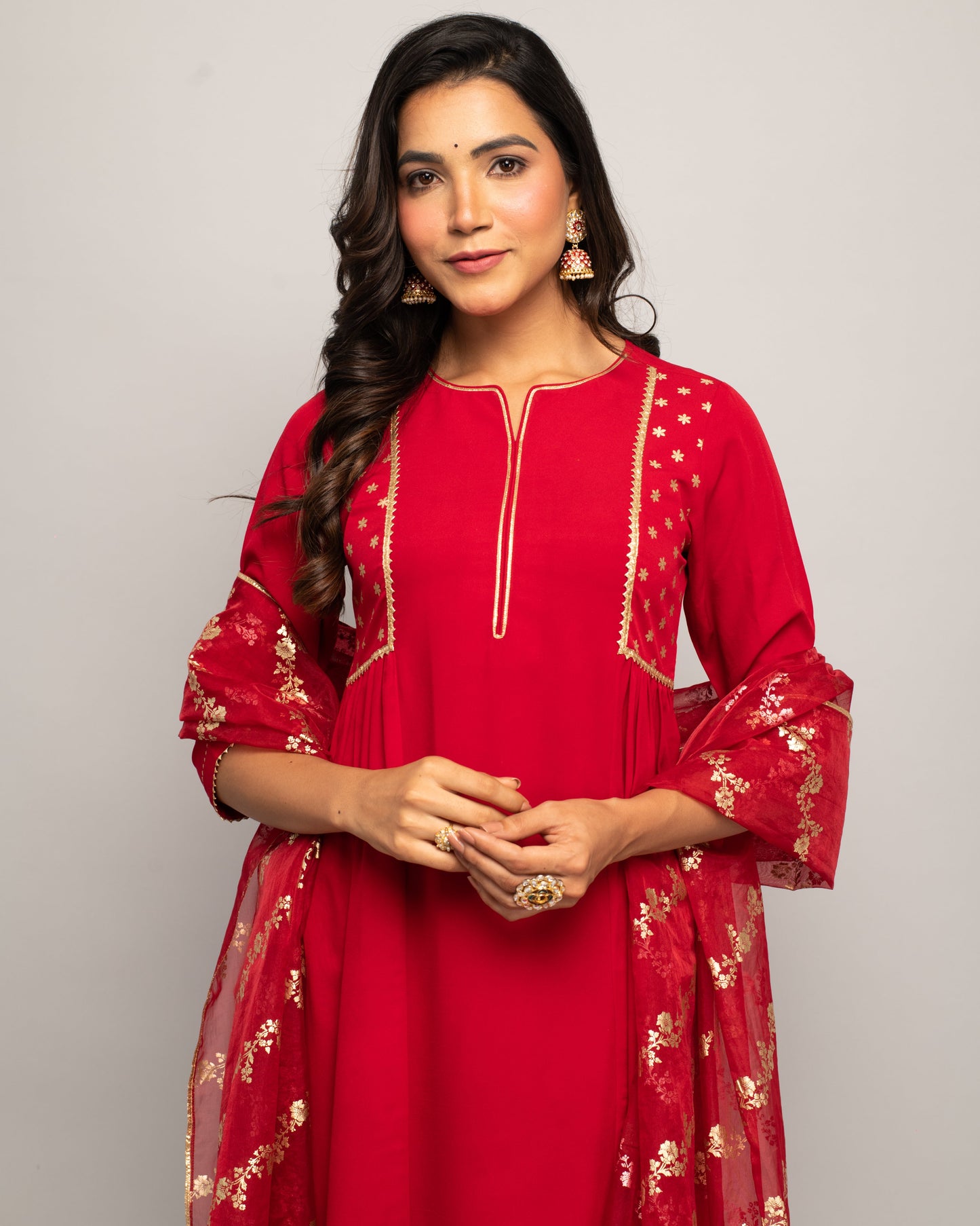 Women's Red Creap A-Line Kurta Palazzo Set with dupatta