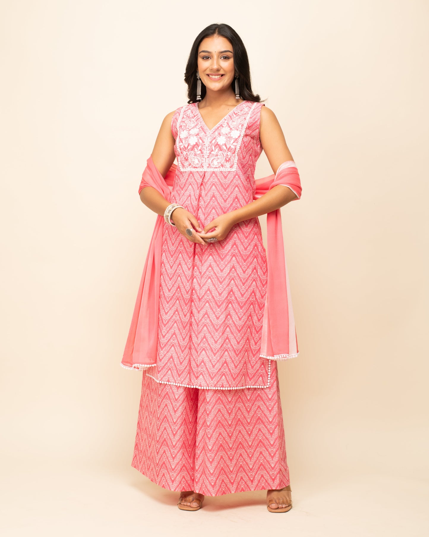Women's Peach Cotton Straight Kurta Palazzo Set with dupatta