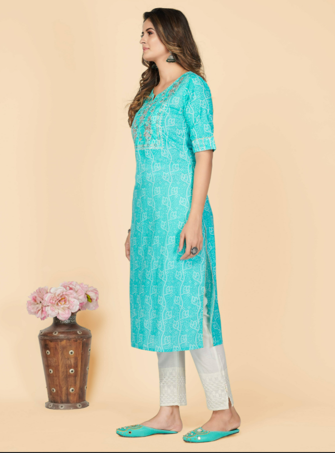 Women's Printed & Embroidered Straight Cotton Sky Blue Stitched Kurta (1Pc)