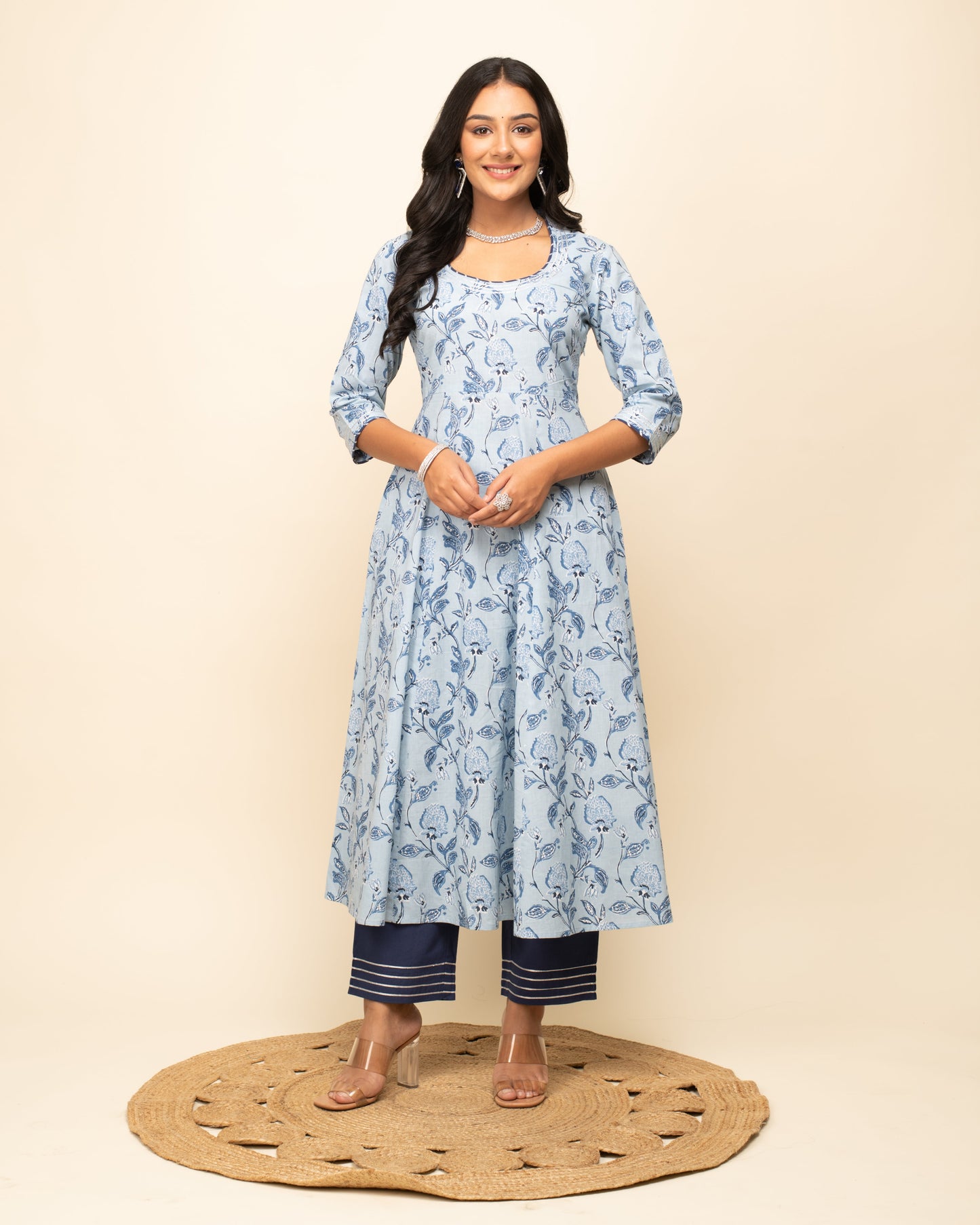 Women's Light Blue Cotton A-Line Kurta Pant With dupatta
