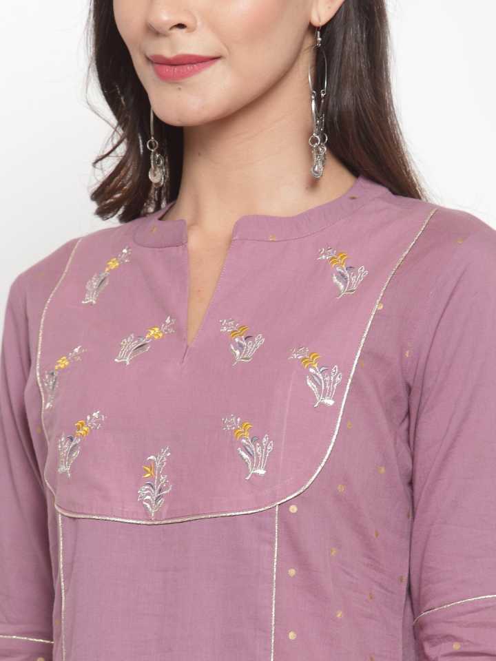 Women's Mauve & Silver Kurta and Pant Set Cotton Blend