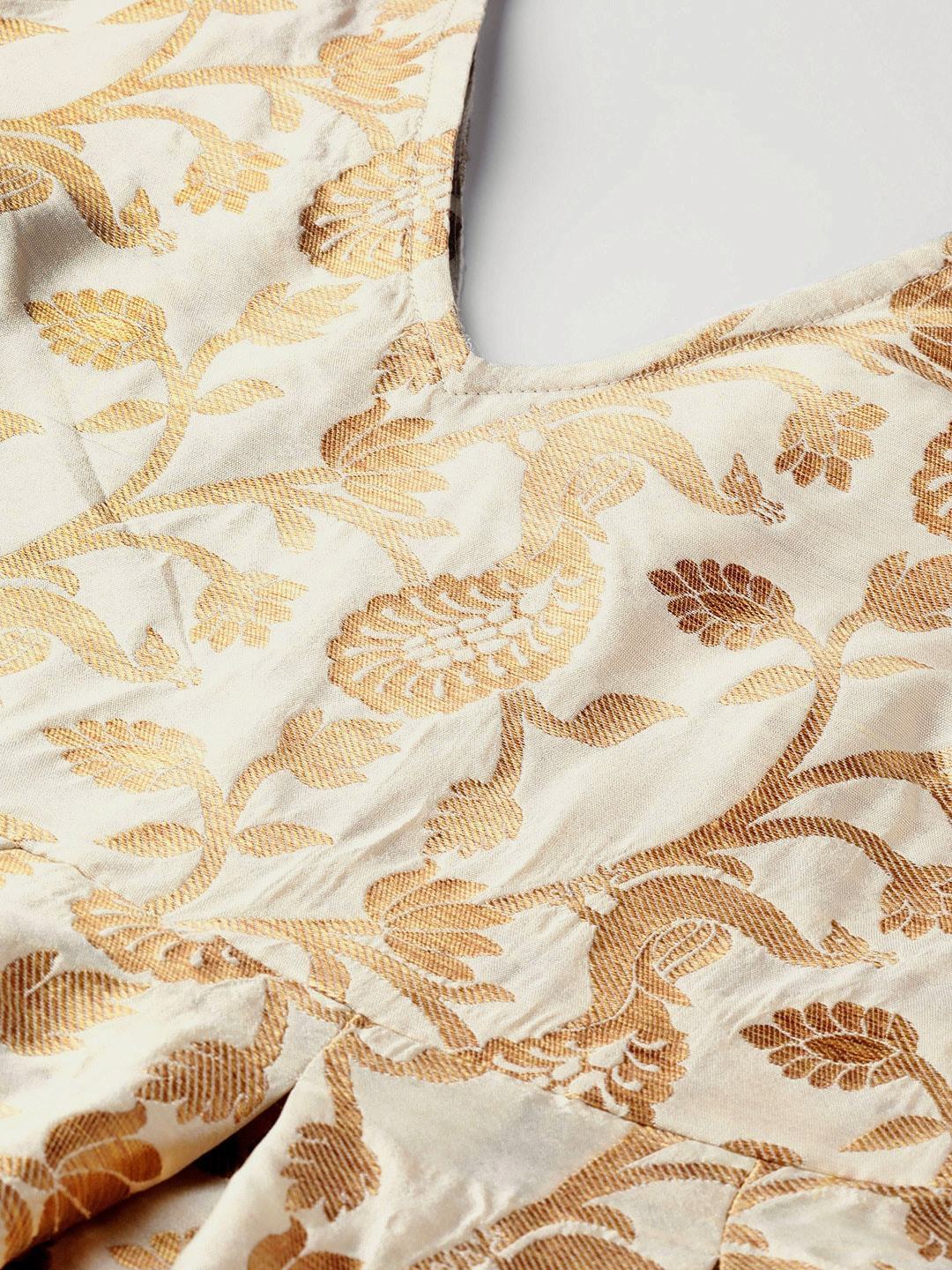 Women's  Beige & Golden Jacquard Self Design Fit and Flare Dress