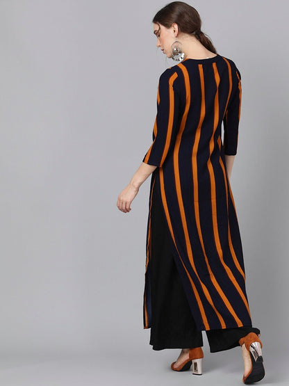 Women's  Navy Blue & Yellow Striped Straight Kurta