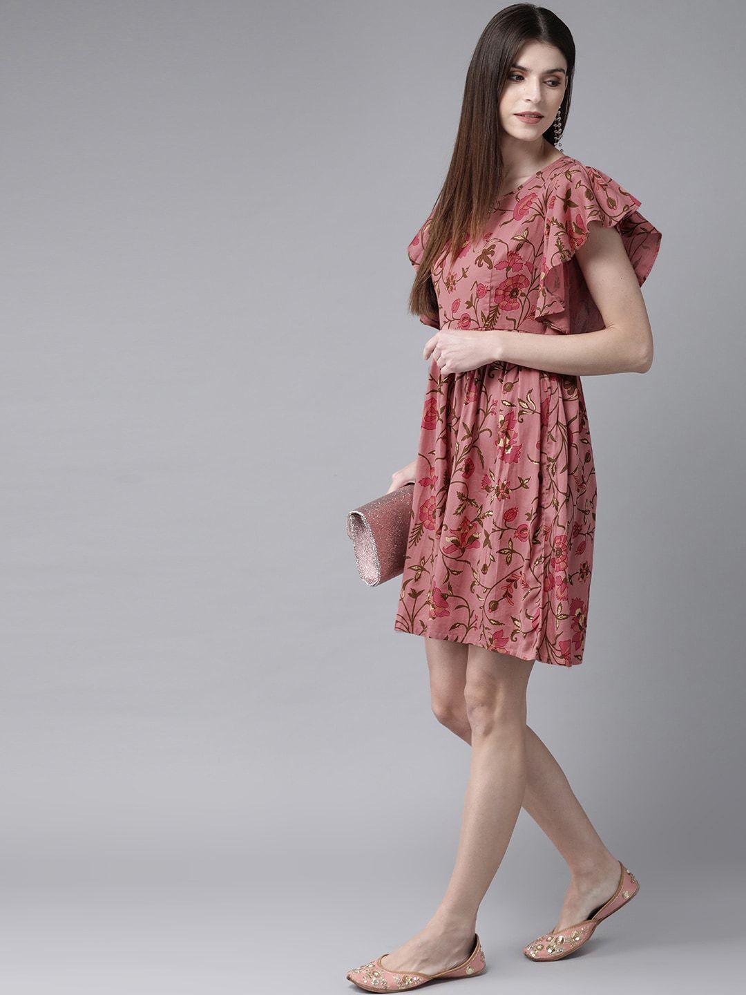 Women's  Pink & Olive Green Printed A-Line Dress