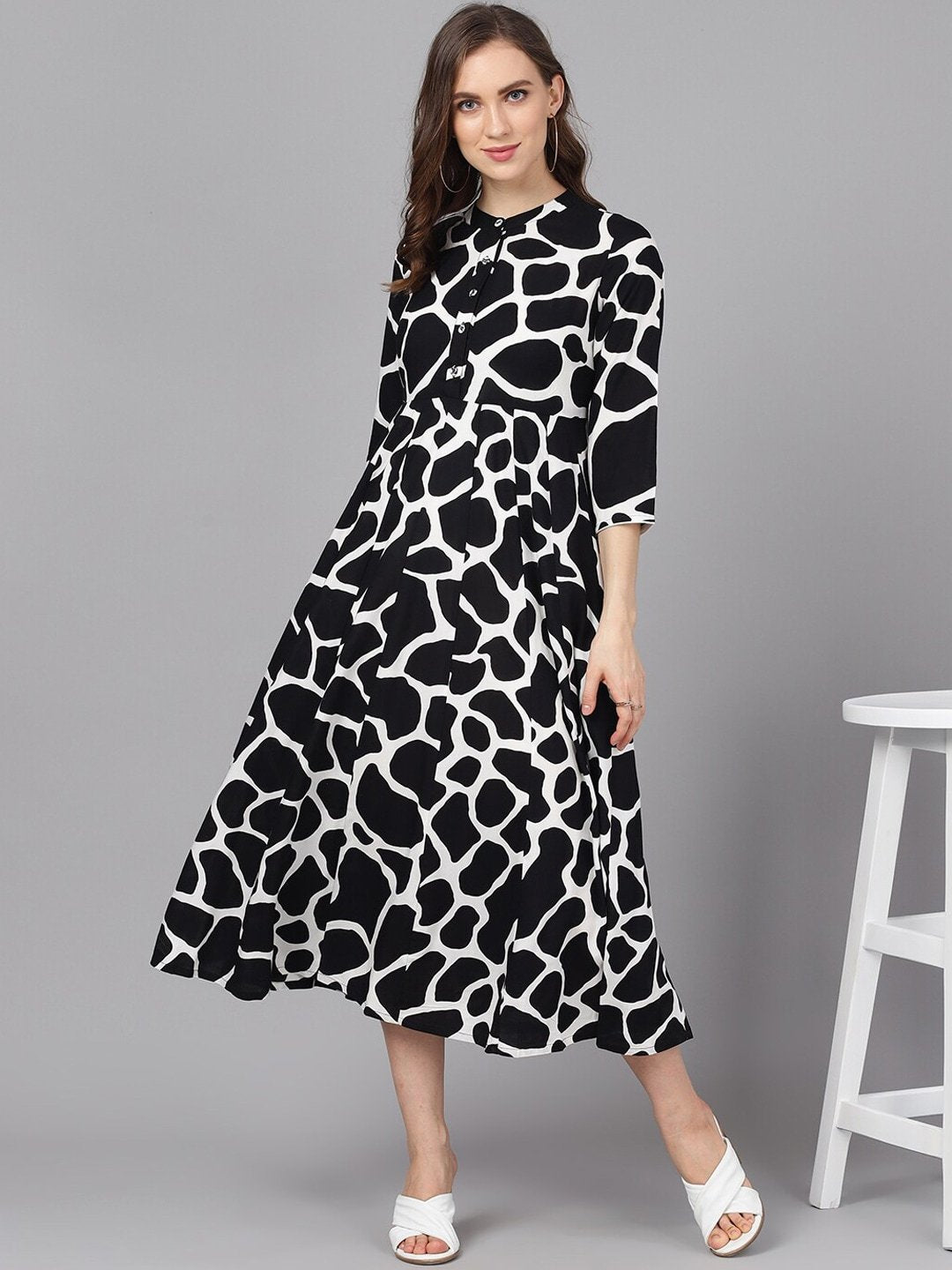 Women's  Black Printed A-Line Dress