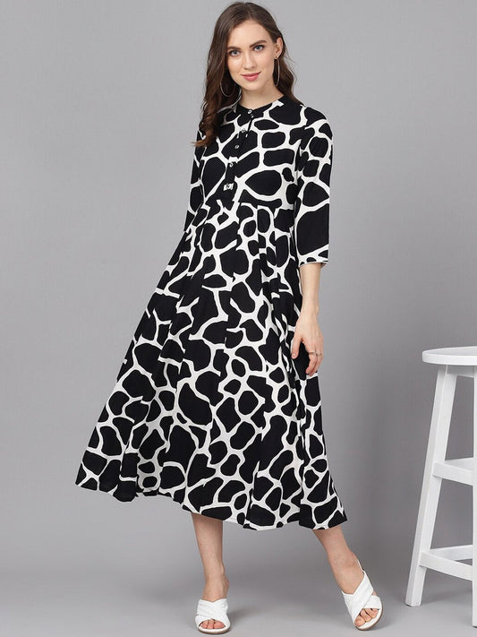 Women's  Black Printed A-Line Dress