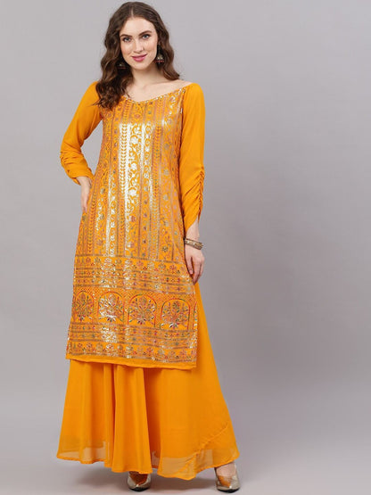 Women's  Yellow & Gold-Toned Embroidered Made To Measure Kurta with Palazzos