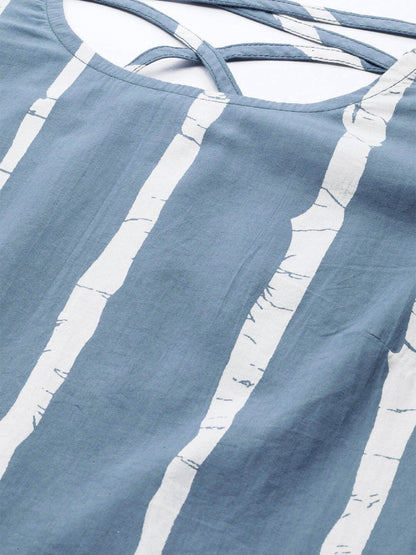 Women's  Blue & White Striped Ruffled A-Line Top