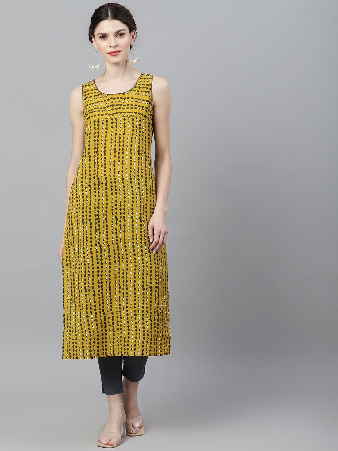 Women's  Mustard & Grey Striped Straight Kurta