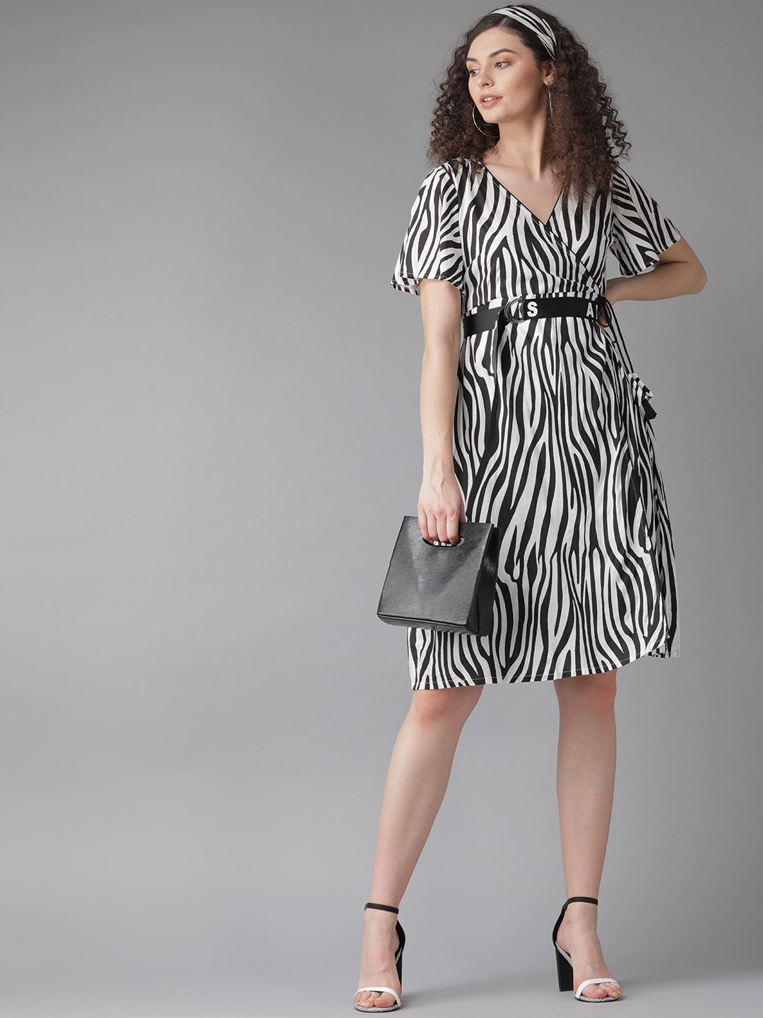 Women's  White & Black Animal Printed Wrap Dress