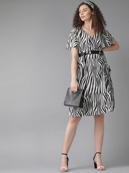 Women's  White & Black Animal Printed Wrap Dress