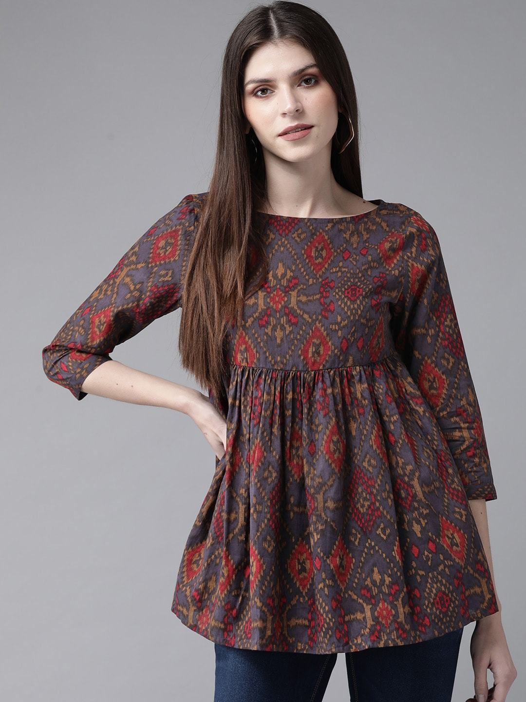 Women's Blue & Brown Printed Tunic