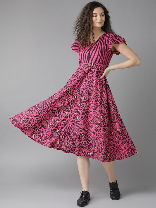 Women's  Pink & Black Animal Printed Fit and Flare Dress