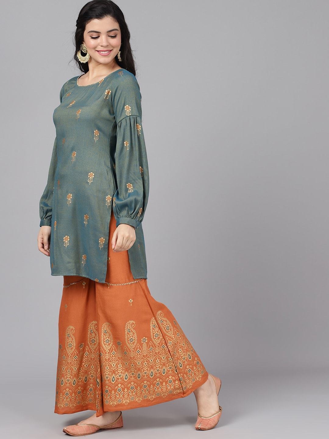 Women's  Grey & Orange Self Design Kurta with Sharara