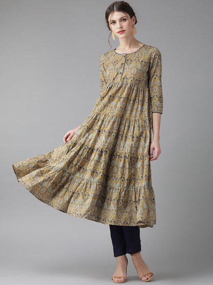 Women's  Beige & Blue Printed Tiered Anarkali Kurta
