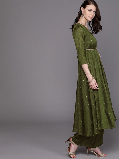Women's  Olive Green & Golden Self Design Kurta with Palazzos With Belt
