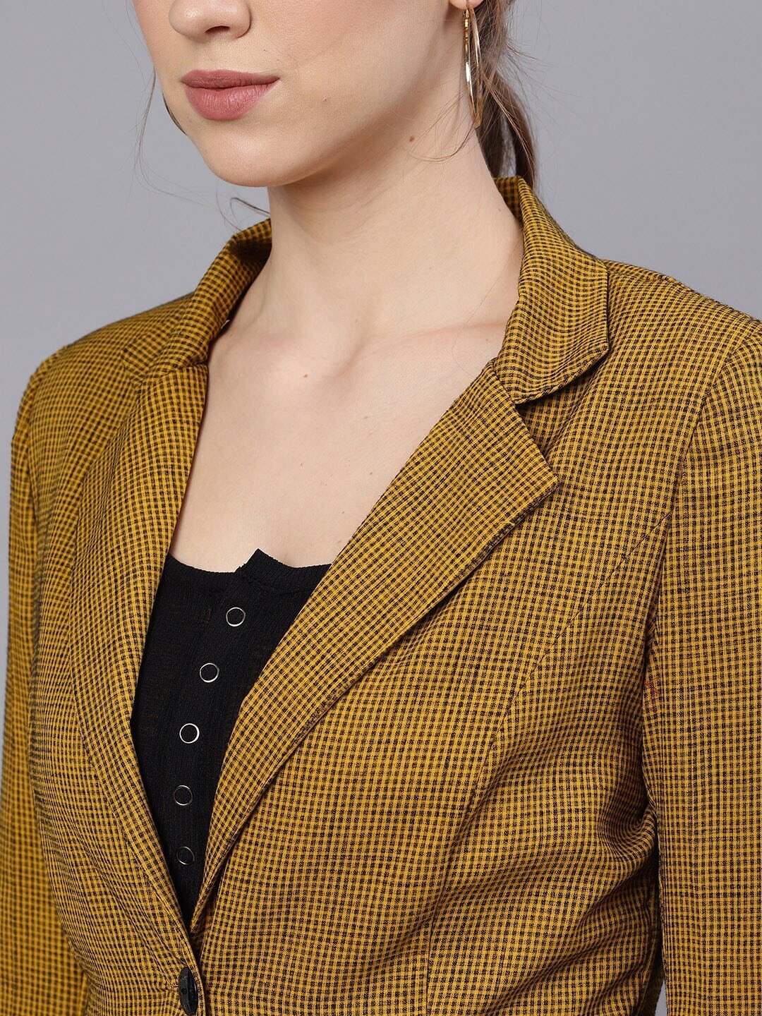Women's  Mustard Checked Gingham Checked Blazer
