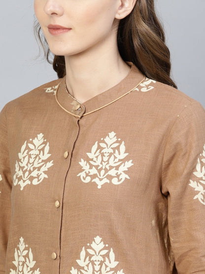 Women's  Brown & Off-White Khari Print Kurta with Palazzos