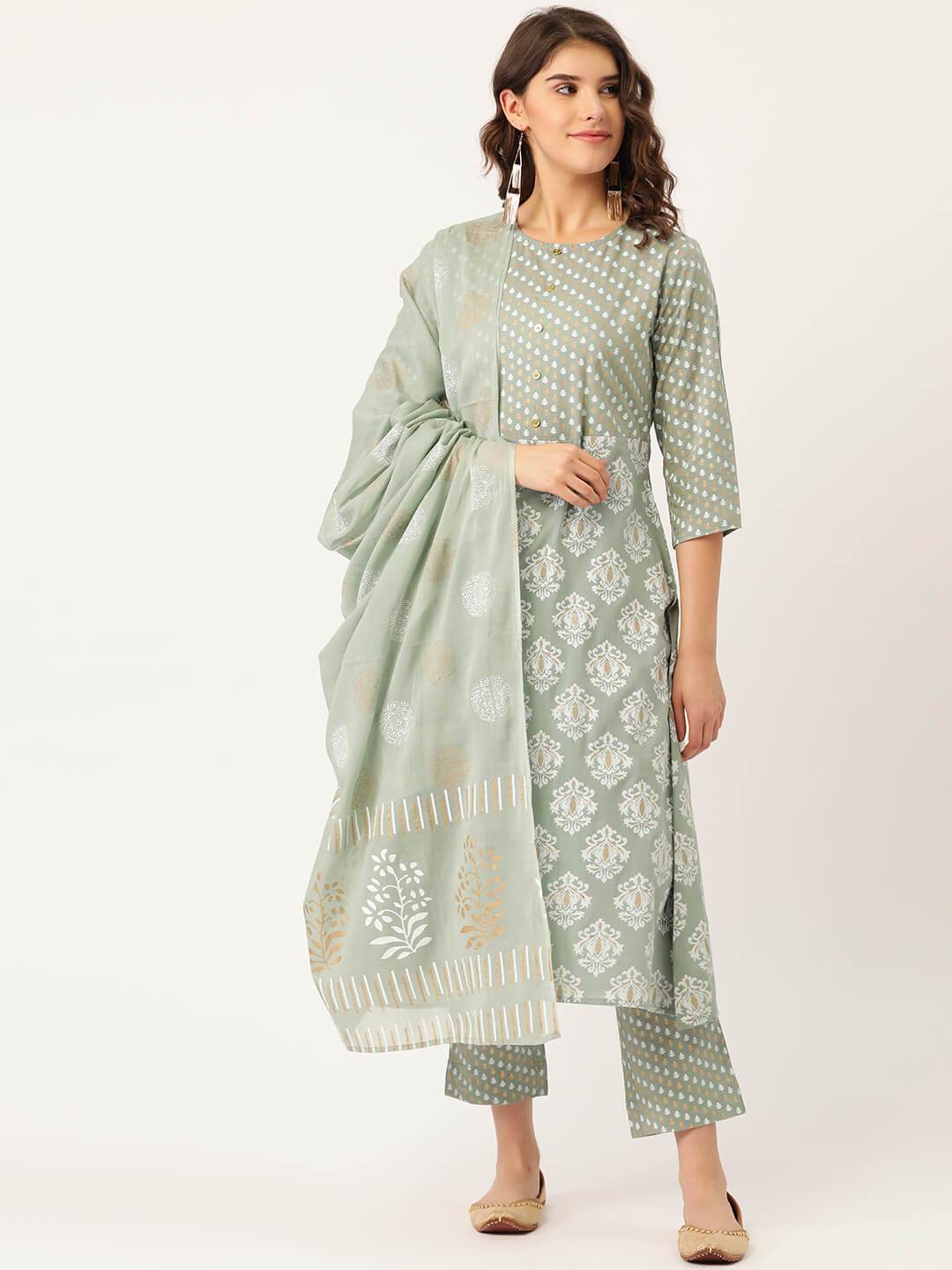 Women's Cotton Gold Printed Suit Set With Dupatta