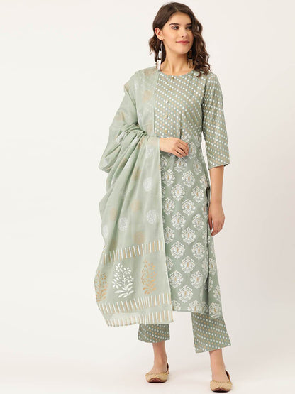 Women's Cotton Gold Printed Suit Set With Dupatta