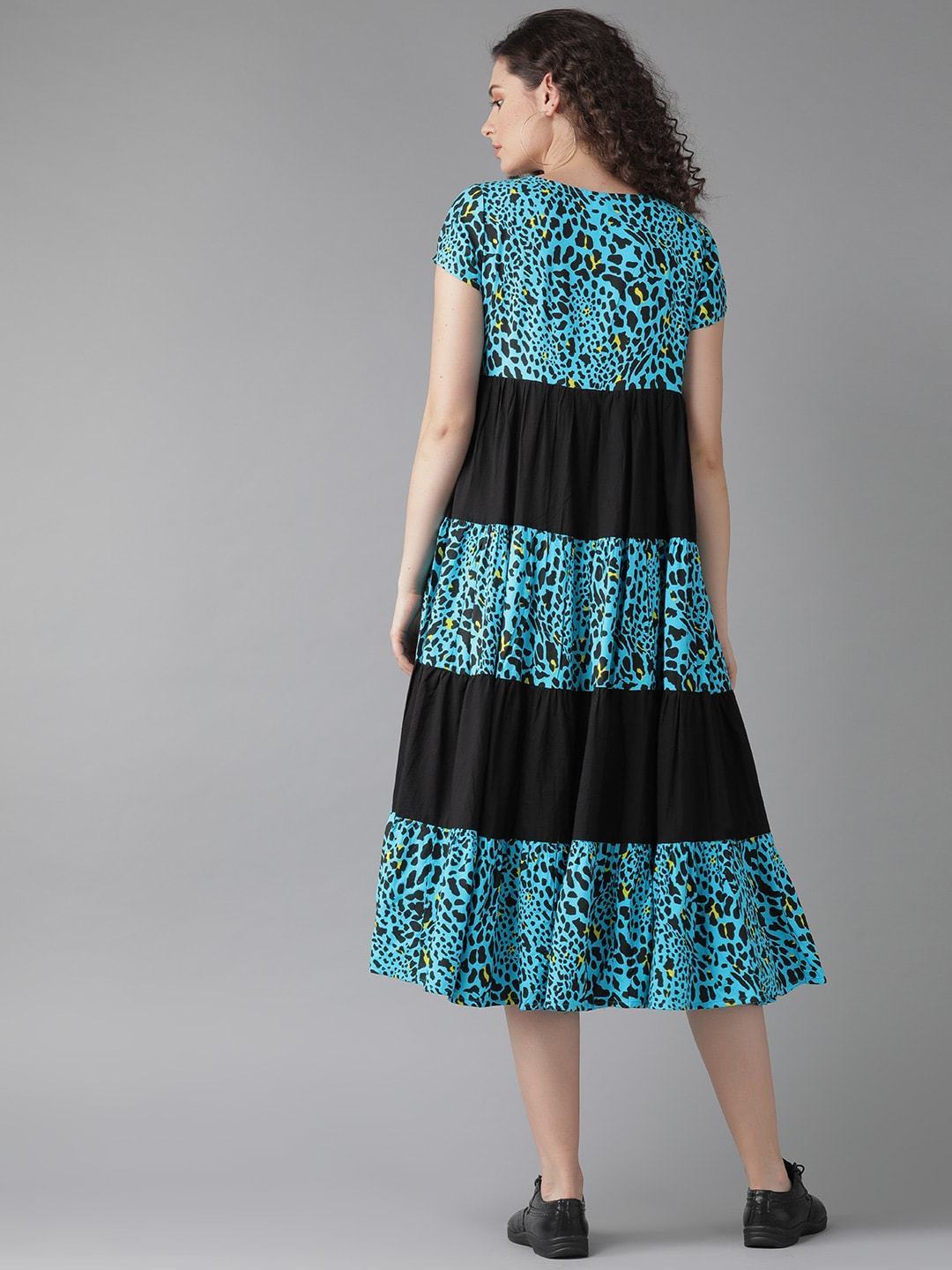 Women's  Blue & Black Animal Printed Fit & Flare Dress