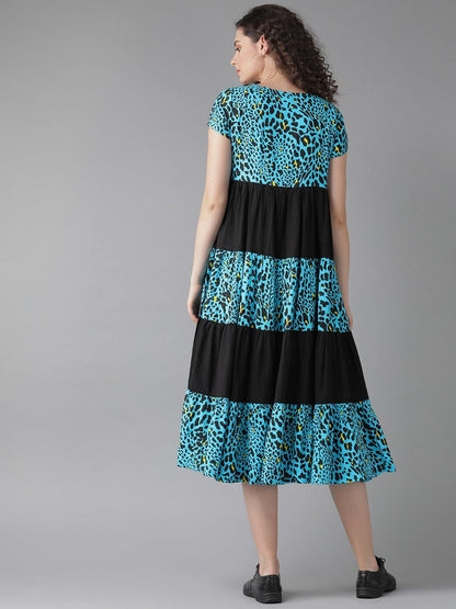 Women's  Blue & Black Animal Printed Fit & Flare Dress