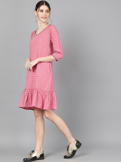 Women's  Pink & Black Checked Drop-Waist Dress