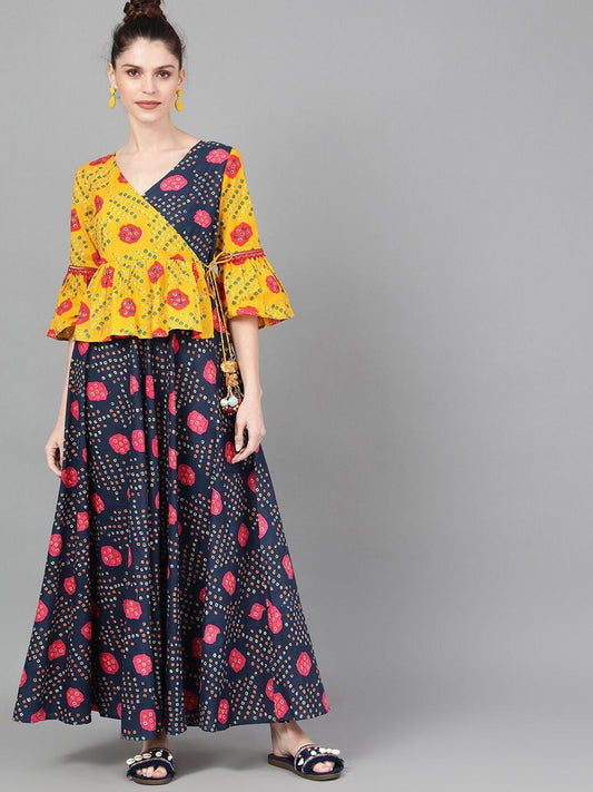 Women's  Navy Blue & Mustard Yellow Bandhani Printed Wrap Dress