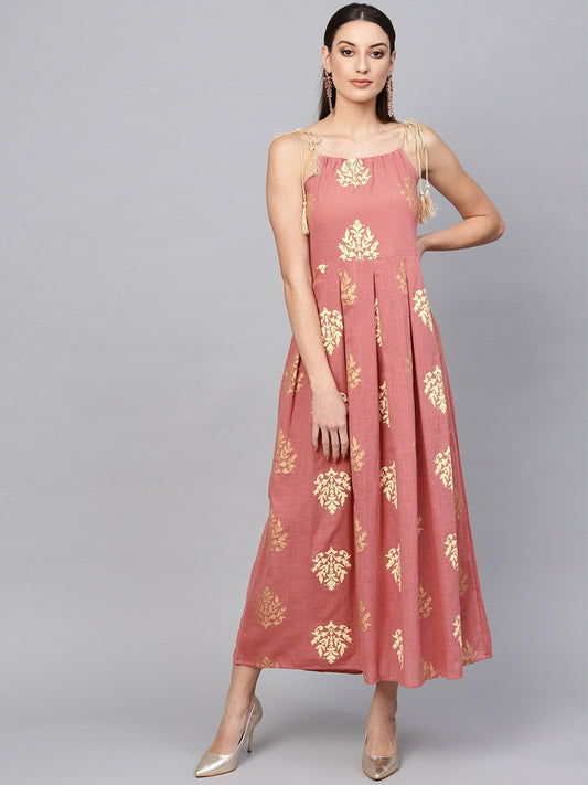 Women's  Pink & Golden Printed Maxi Dress