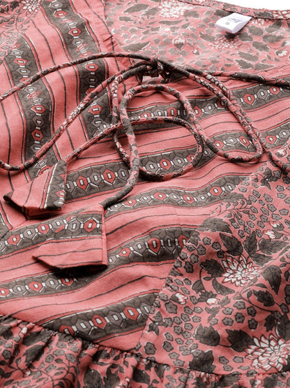 Women's  Pink & Charcoal Grey Printed Maxi Dress