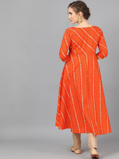 Women's  Orange & White Bandhani Printed A-Line Kurta