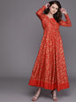Women's  Red & Golden Printed Maxi Dress