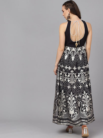 Women's  Black & Silver-Toned Printed Maxi Dress