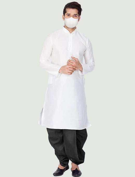 Men's White Cotton Silk Blend Kurta and Dhoti Pant Set