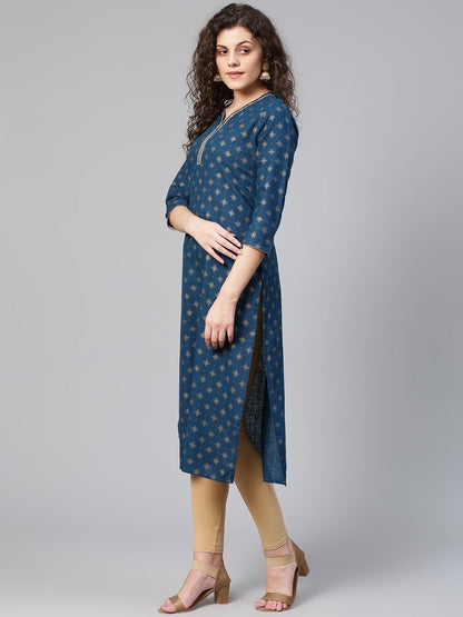 Women's Navy Blue & Golden Printed Straight Kurta