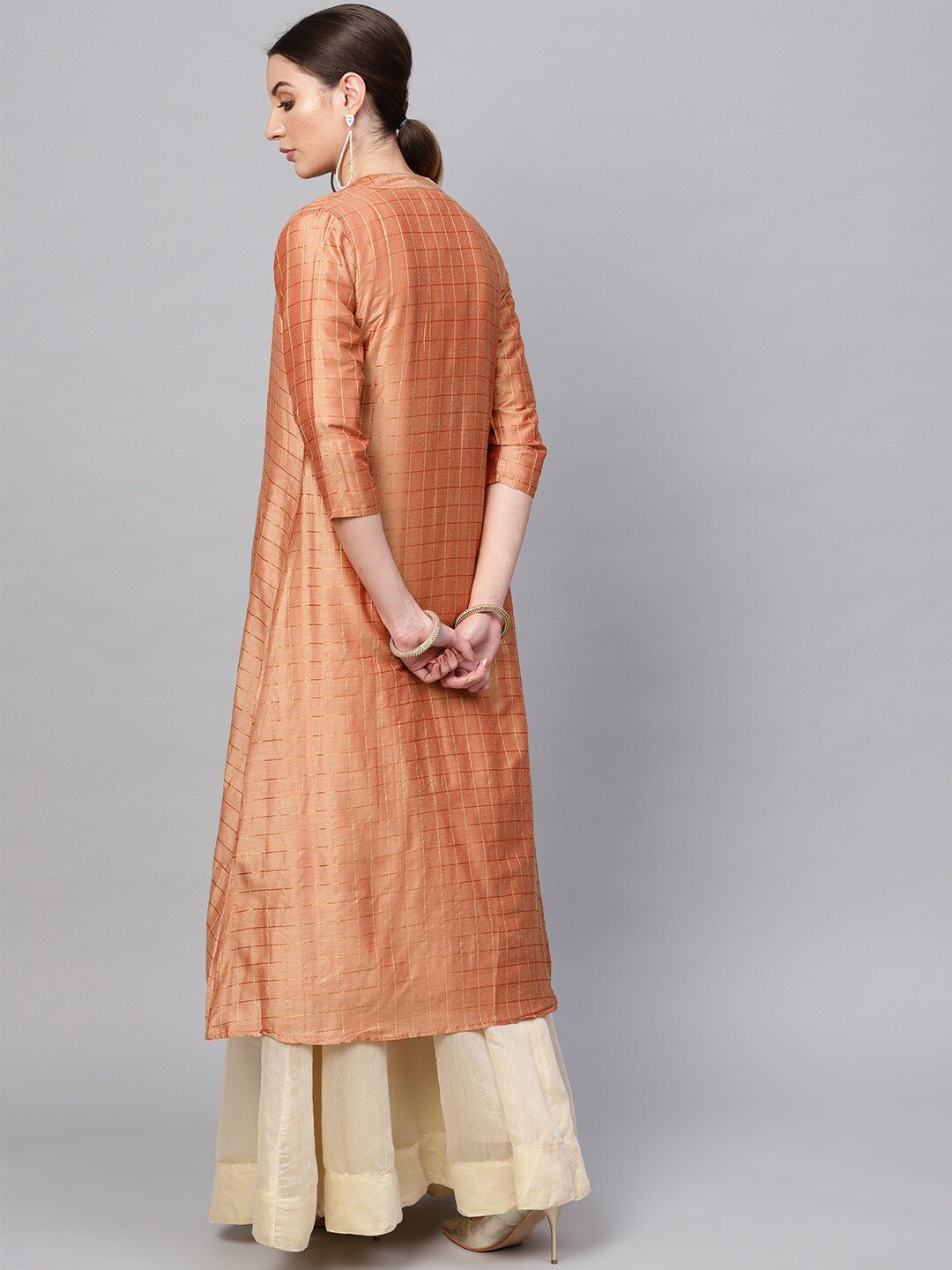 Women's  Peach-Coloured & Golden Checked Open Front Longline Ethnic Jacket