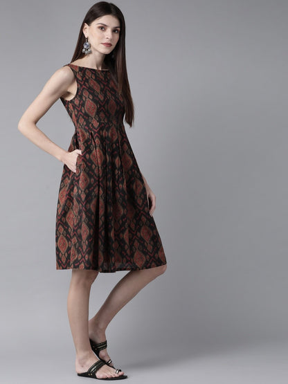 Women's  Black & Maroon Printed A-Line Dress
