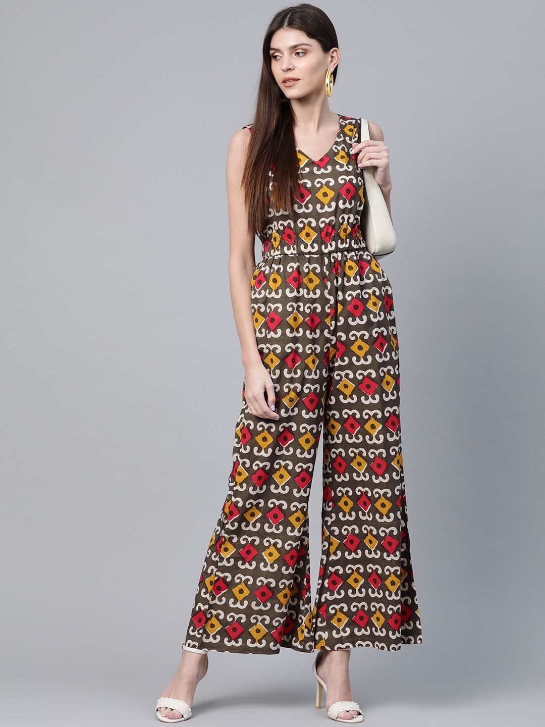 Women's  Olive Brown & Red Printed Basic Jumpsuit