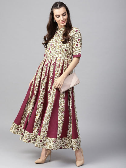 Women's  Beige & Maroon Printed Anarkali Kurta