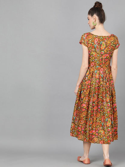 Women's  Olive Green & Orange Floral Printed Fit and Flare Dress