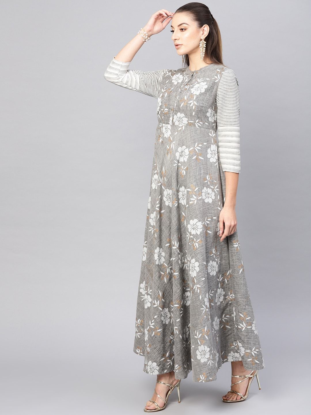 Women's  Grey & White Floral Print Maxi Dress