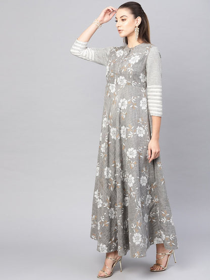 Women's  Grey & White Floral Print Maxi Dress