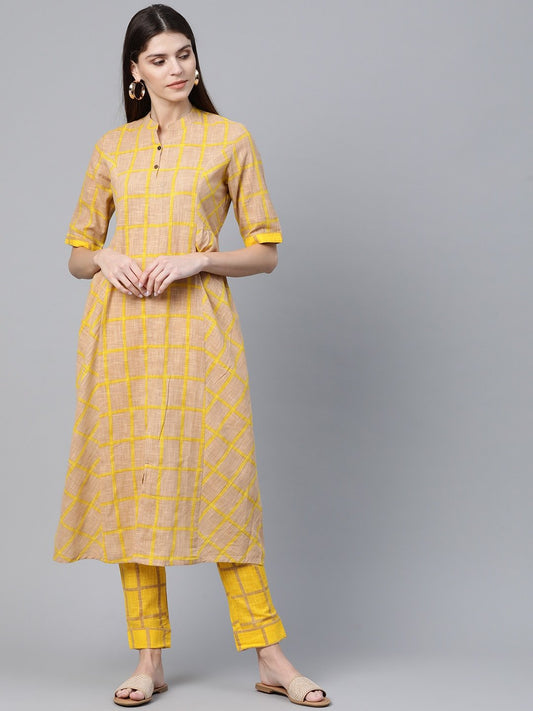Women's  Beige & Mustard Yellow & Beige Checked Kurta with Trousers